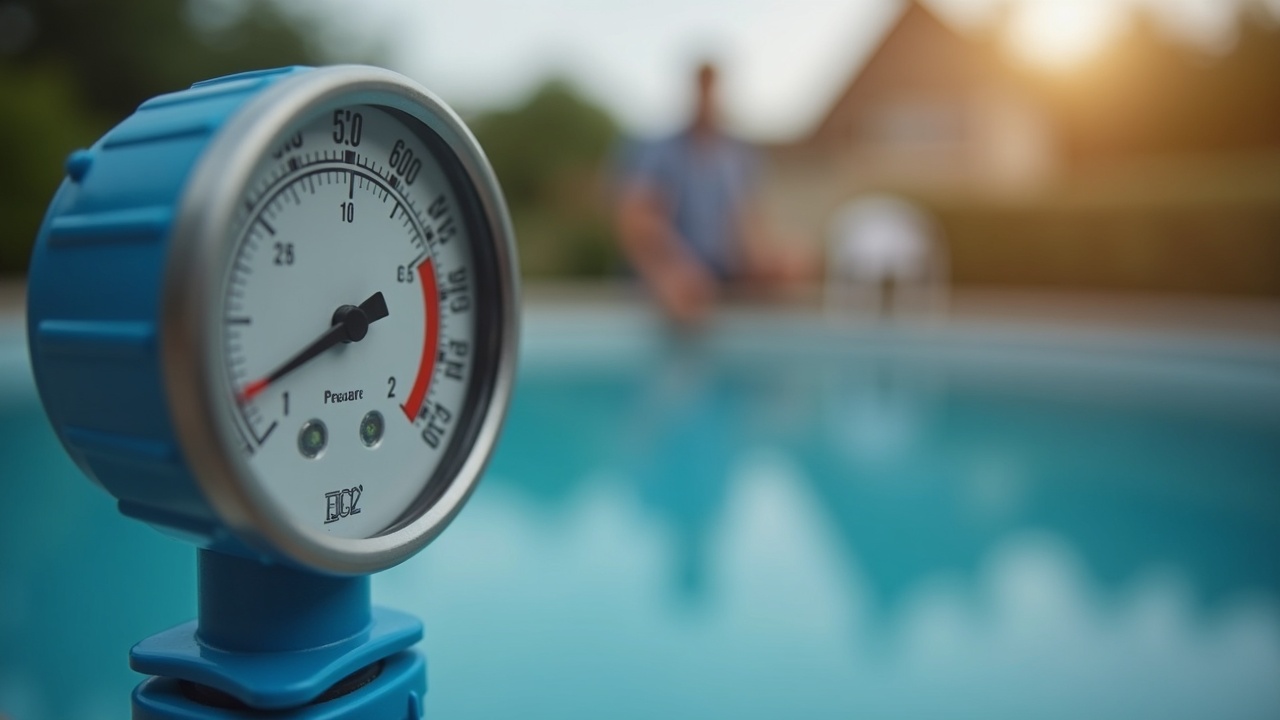 Close-up of a pool filter pressure gauge reading in the red zone, with a homeowner's hand holding a phone in the background