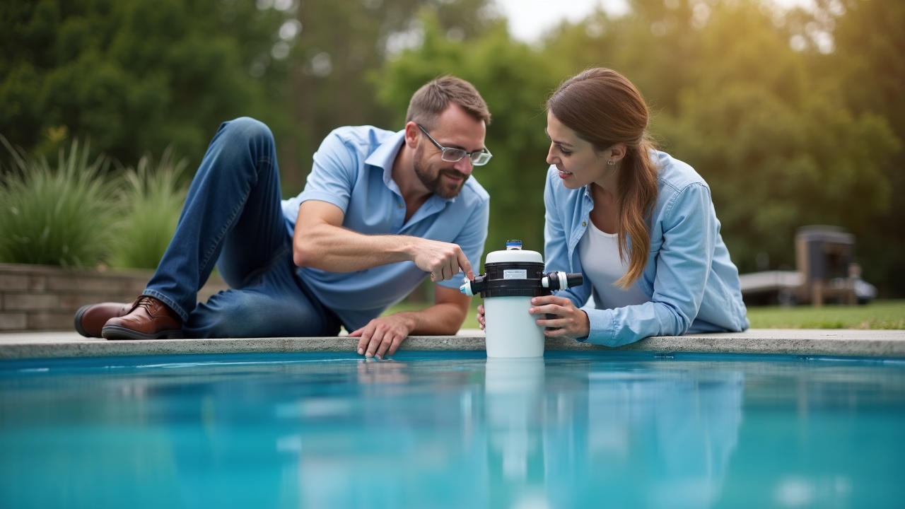 Professional pool technician showing a homeowner two different pool filters side-by-side, pointing at features while the homeowner looks engaged