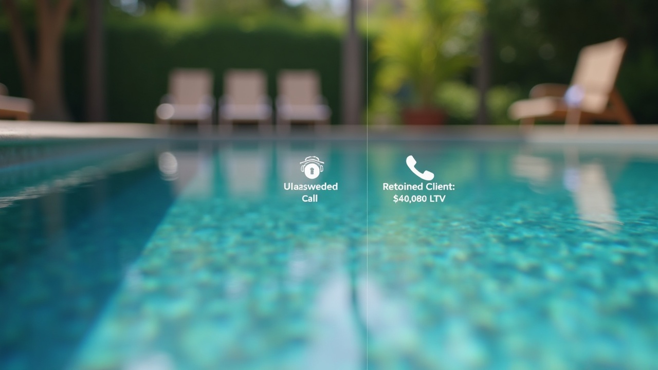 Split-screen comparison: left side shows an unanswered phone with missed call notifications; right side shows a clean pool with a 