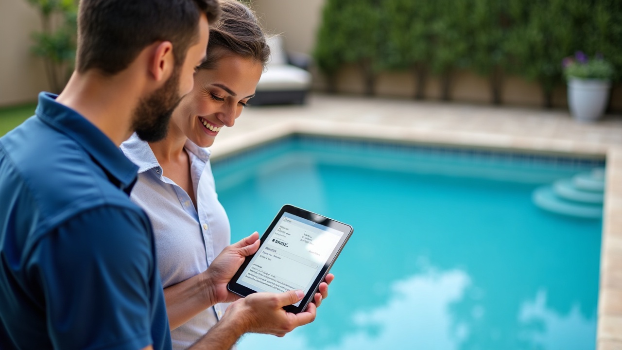 Friendly pool service technician showing a homeowner a water testing result on a tablet, both smiling, with a clear blue pool in the background