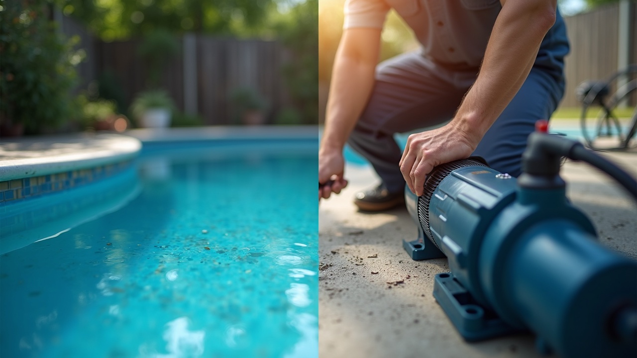 Split screen comparison showing a cracked pool pump housing on the left and a professional repair technician installing new equipment on the right