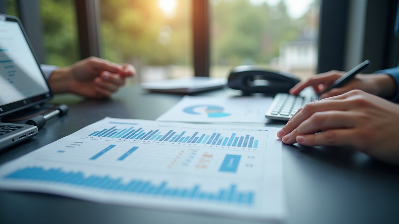 Pool service company owner reviewing revenue reports showing winter months highlighted, with phone and scheduling system visible on desk