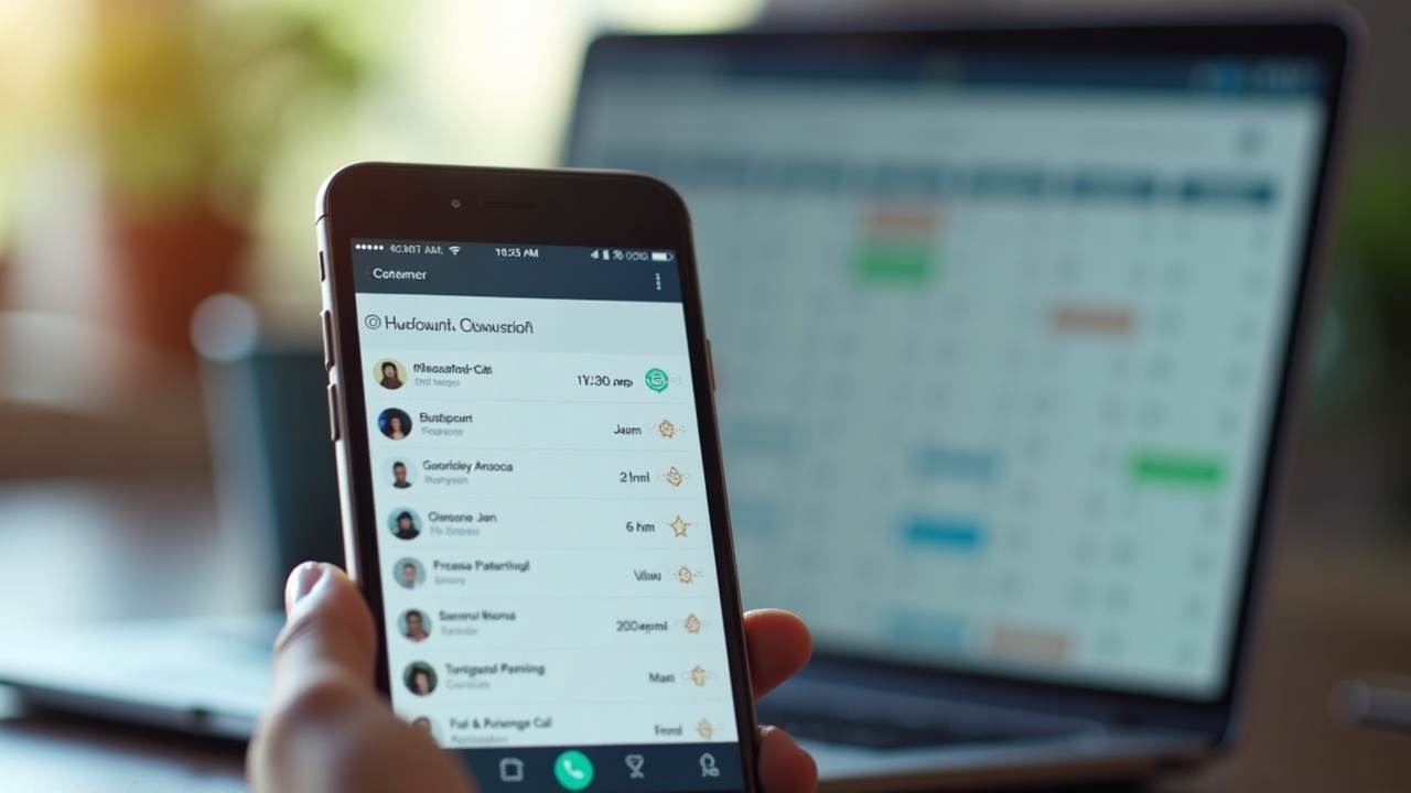 Close-up of a phone showing multiple missed calls and voicemails from potential customers, with a calendar in the background showing fully booked days
