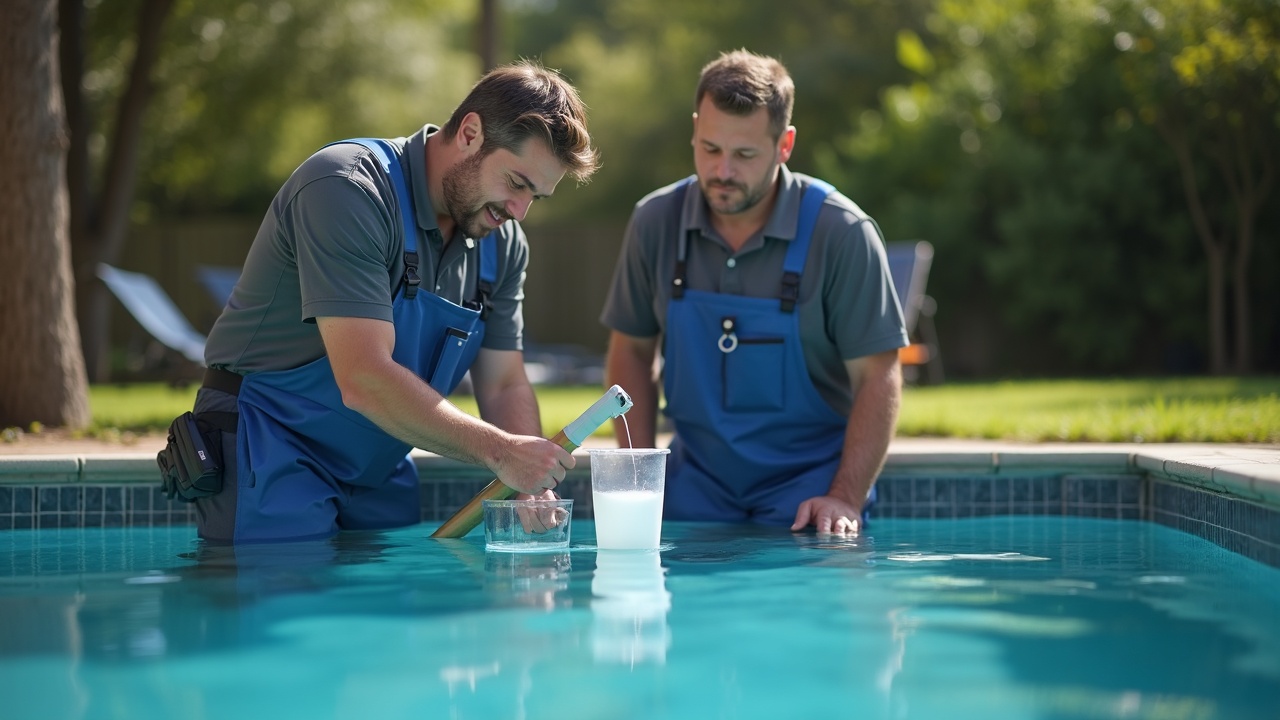 Pool service technician testing water chemistry with a homeowner looking on, professional equipment visible, both focused on test results