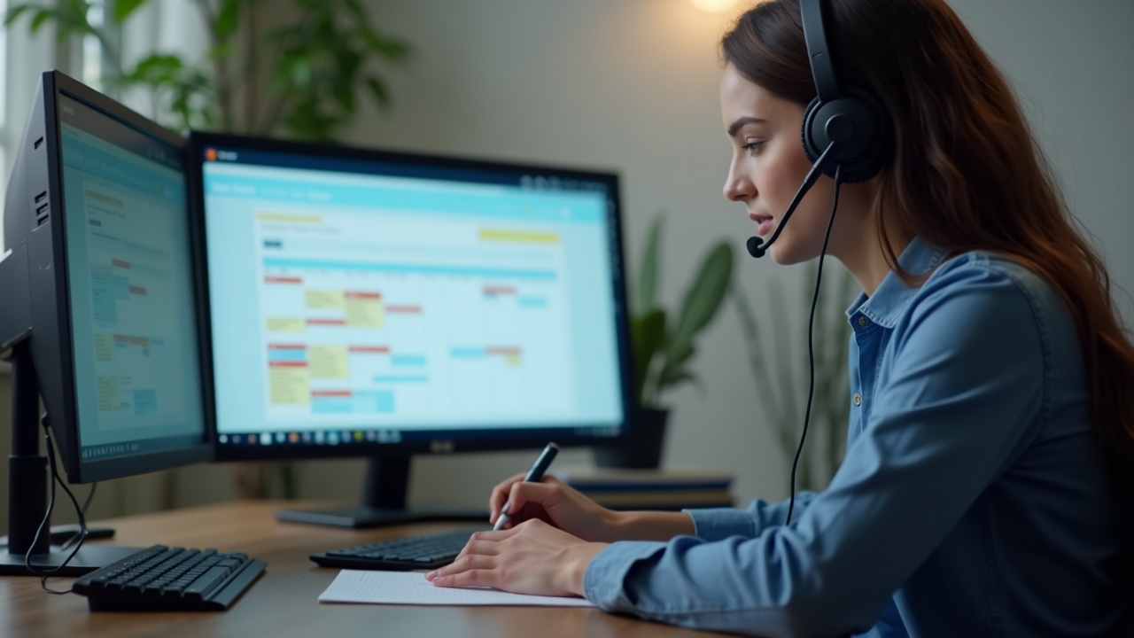 Professional team member at desk with headset taking notes on pool project details, dual monitors showing calendar and project specs