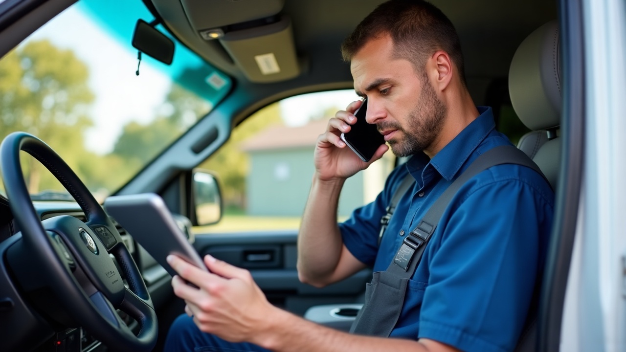 Pool service technician on phone in truck, looking at schedule on tablet, professional and organized