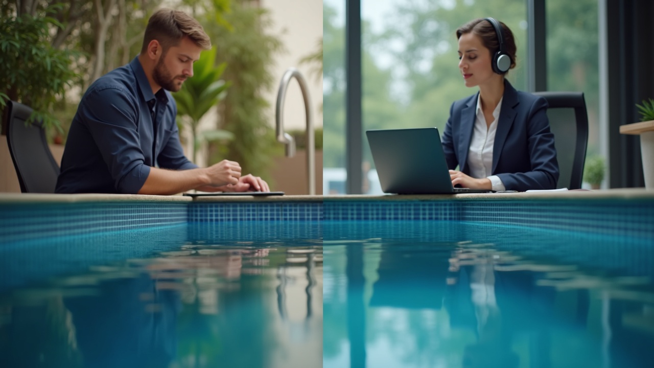 A split-screen showing a pool technician working on equipment on one side, and a professional front office team member answering calls on the other