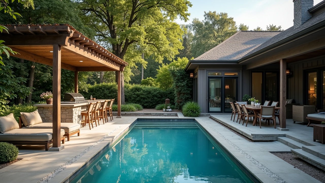 An elegant backyard pool area with outdoor kitchen and seating, representing the high-end client segment