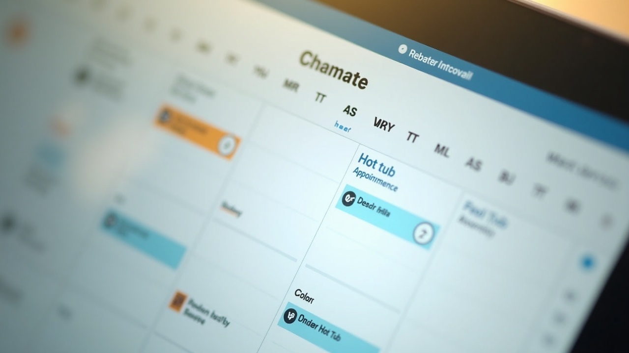 Calendar or scheduling interface showing both pool and hot tub service appointments color-coded separately, representing organized cross-sell revenue tracking