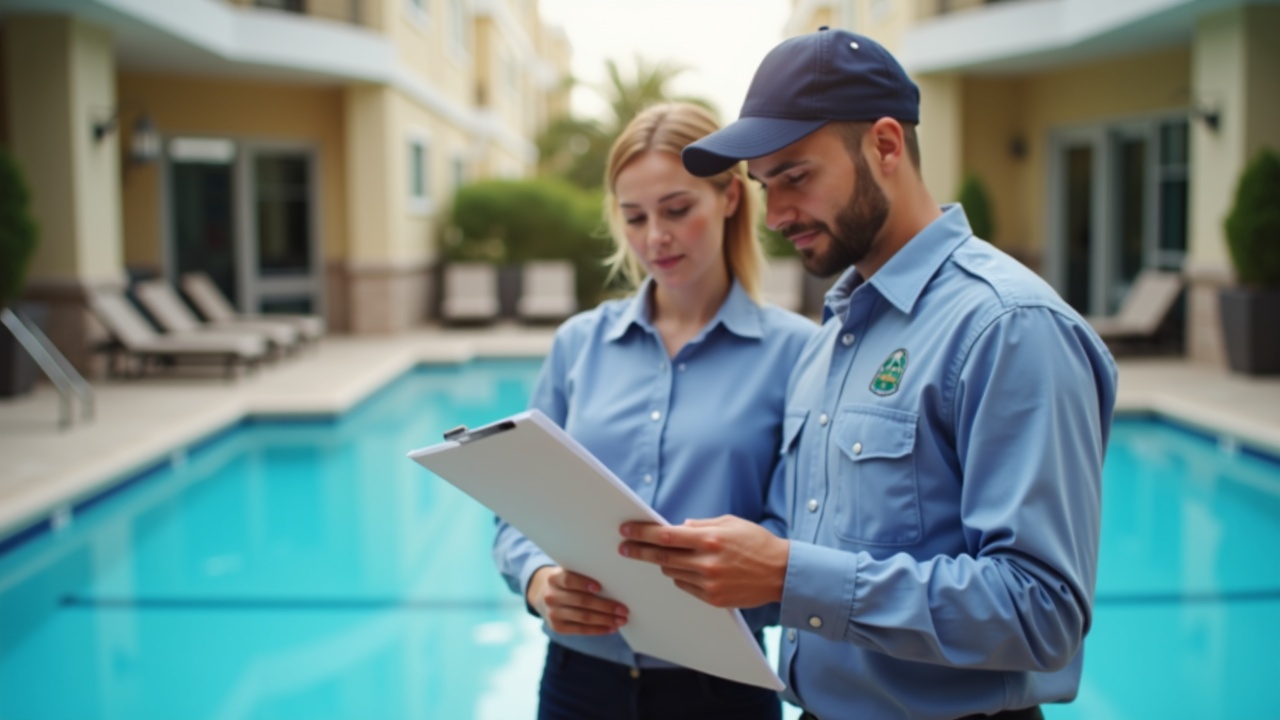 Professional pool service technician in uniform reviewing service checklist with hotel property manager beside a commercial pool
