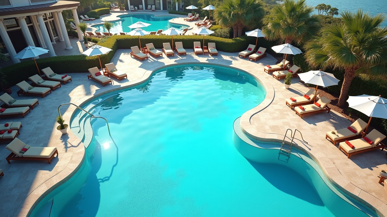 Aerial view of luxury resort pool complex with multiple pools, cabanas, and professional pool maintenance equipment visible