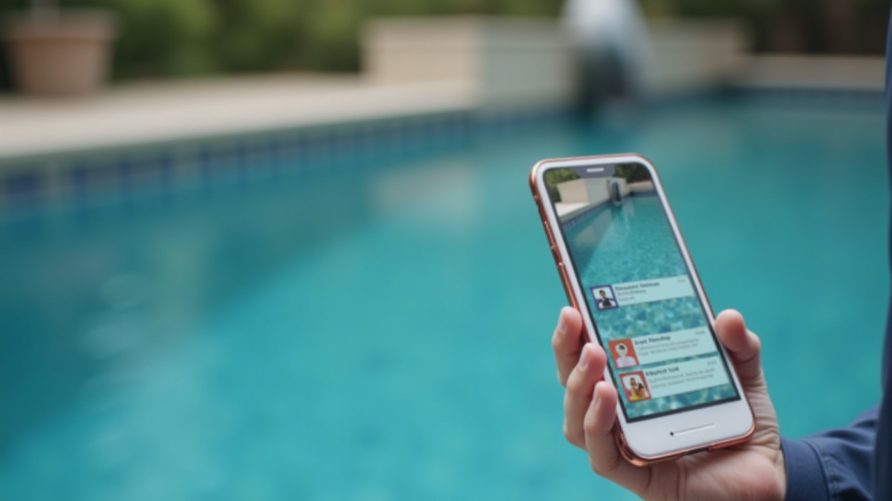 Split-screen image showing pool technician working on filter equipment on left, smartphone screen with three missed calls and voicemail notifications on right