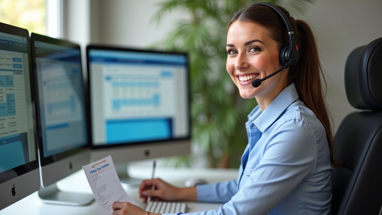 Professional woman with headset at desk with dual monitors showing pool service scheduling software, notepad with pool service checklist, welcoming smile