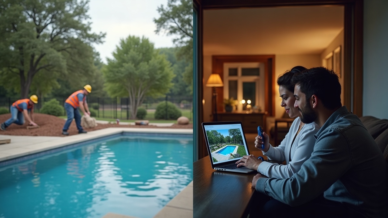 Split-screen comparison showing a pool builder working on a job site during the day vs. a homeowner couple reviewing pool designs on a laptop in their living room at night