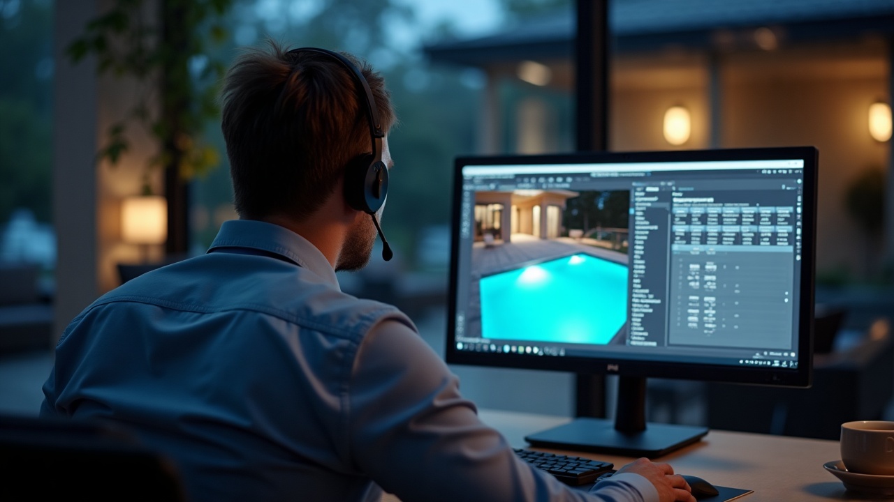 Professional team member on a headset in a modern office setting at night, computer screen showing pool design software and a booking calendar, conveying after-hours professionalism
