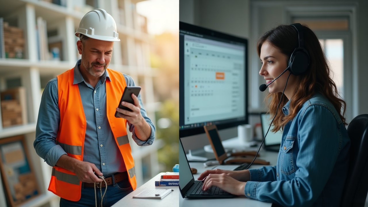 Split-screen comparison: left side shows contractor on jobsite with missed call notifications piling up on phone, right side shows organized front office team member on headset actively talking to customer while looking at scheduling calendar