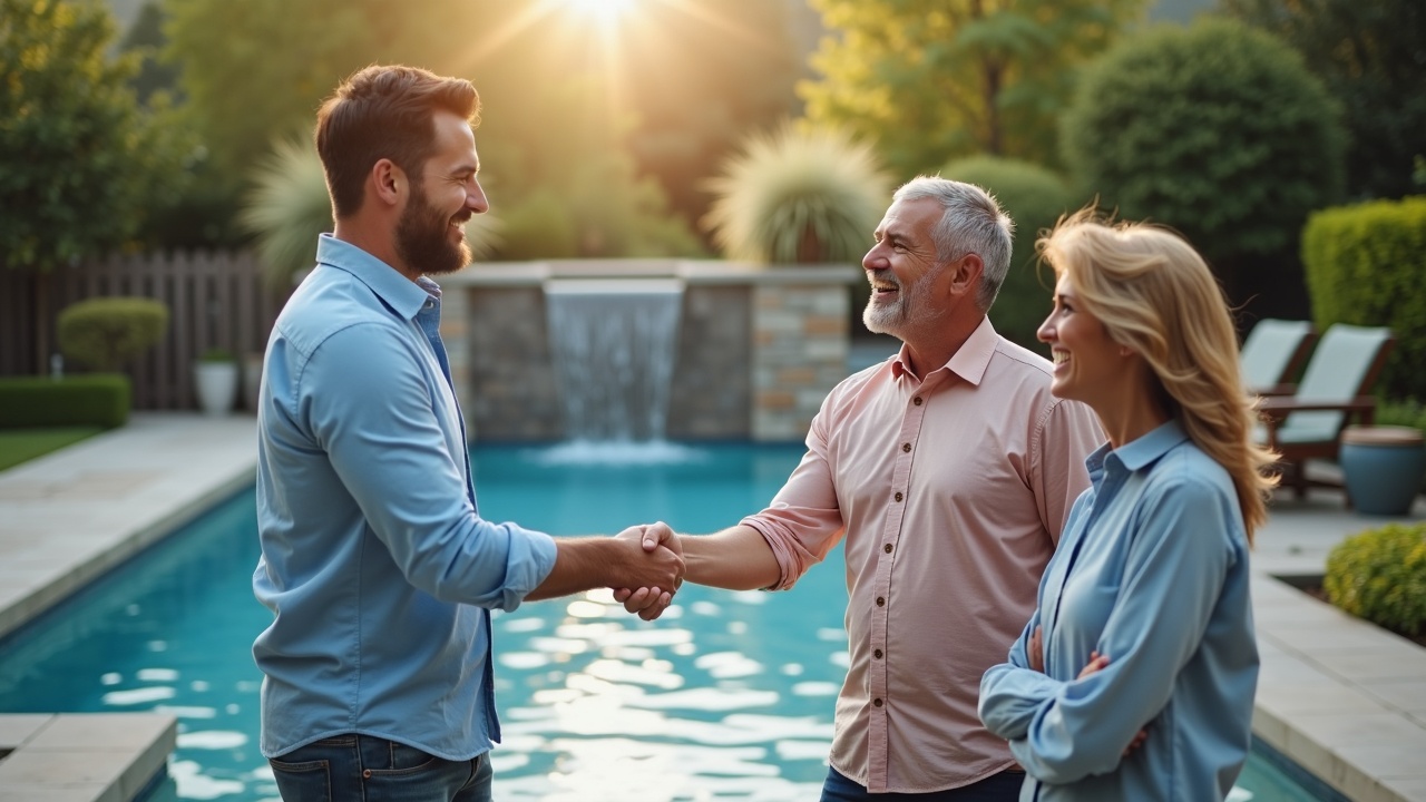 Contractor shaking hands with happy homeowners in front of newly completed inground pool with waterfall feature, all three people smiling