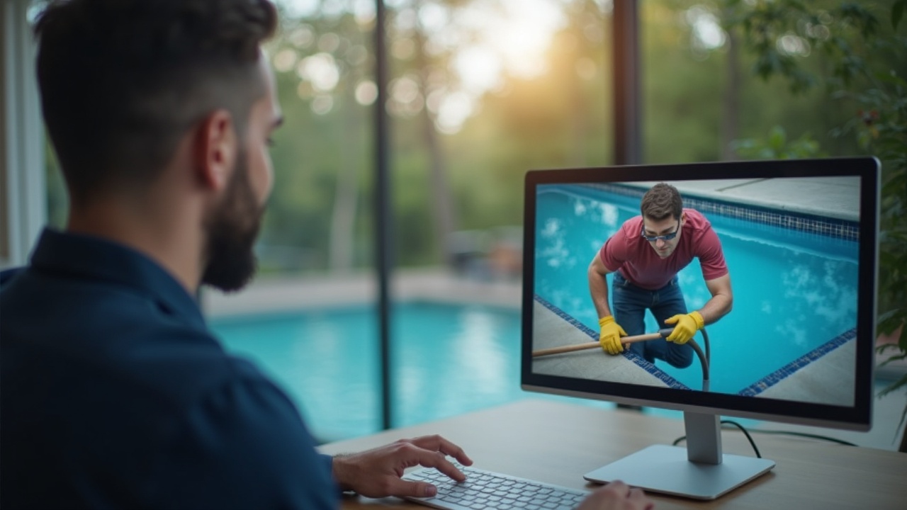 Split screen showing pool technician working uninterrupted while office team handles scheduling call