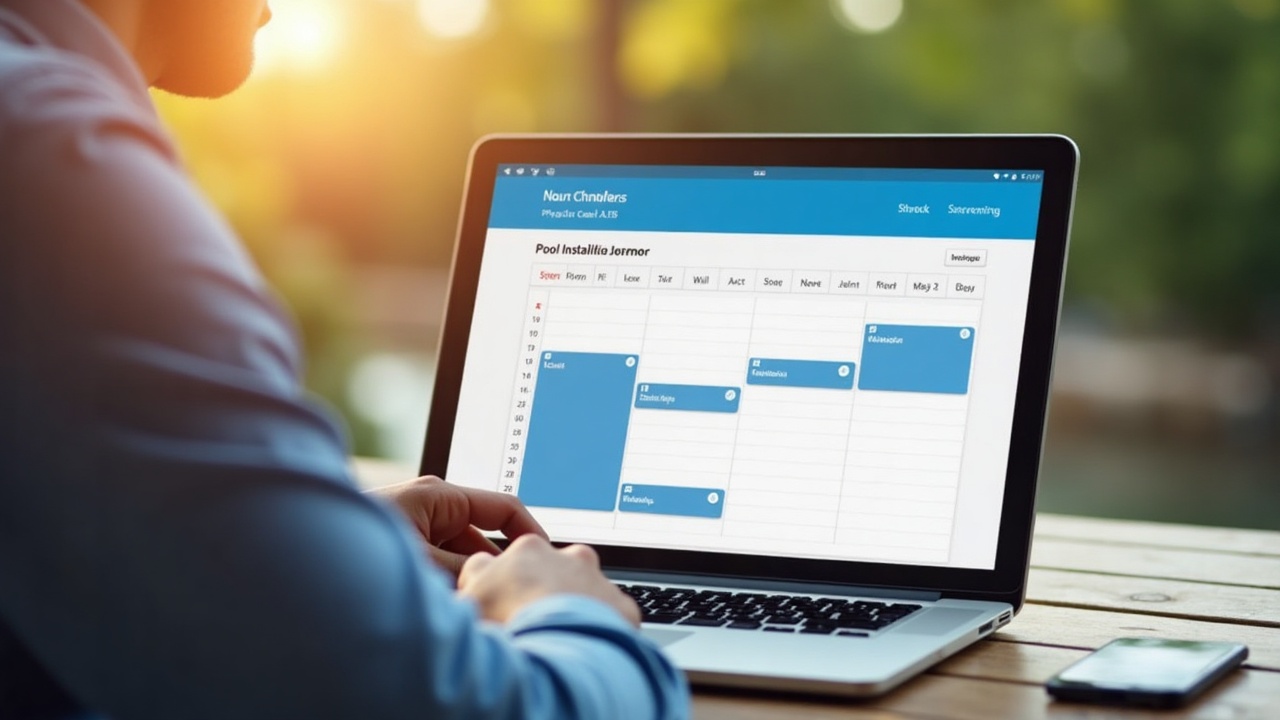 Calendar interface showing a pool installation site visit being scheduled within minutes of an incoming call