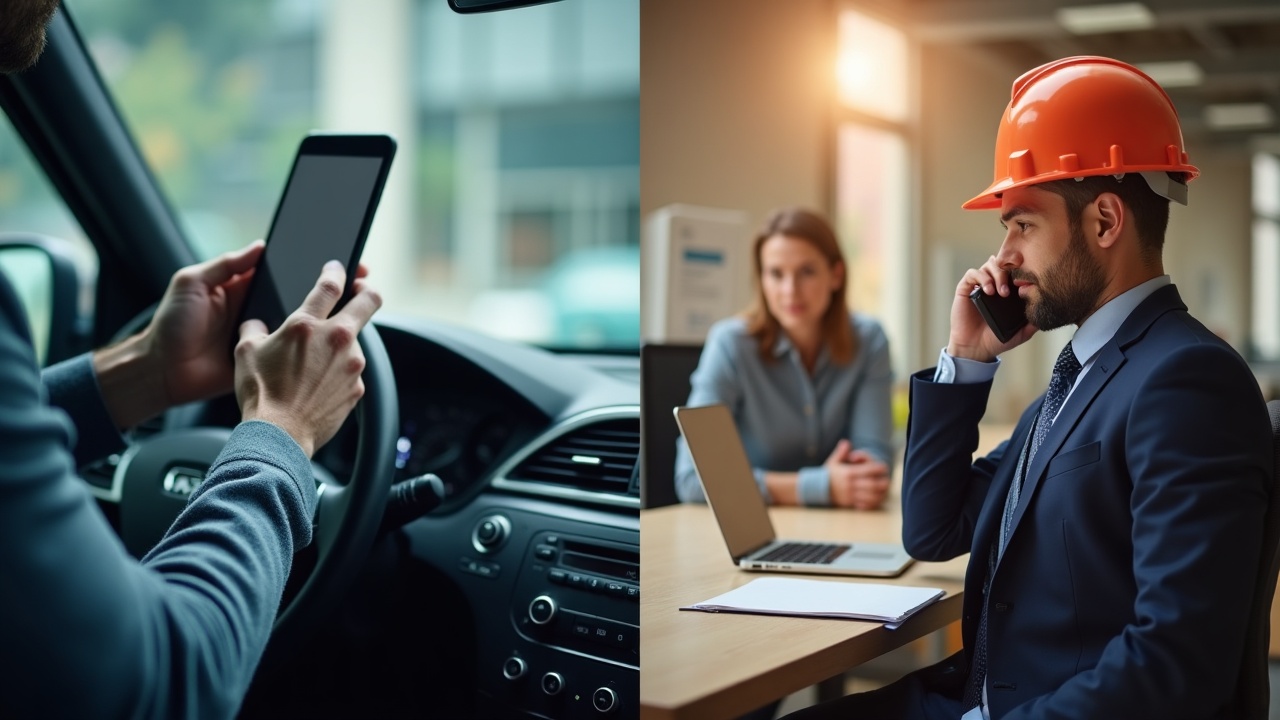 Side-by-side comparison showing a phone ringing on a dashboard at a job site versus a professional office team answering the call immediately