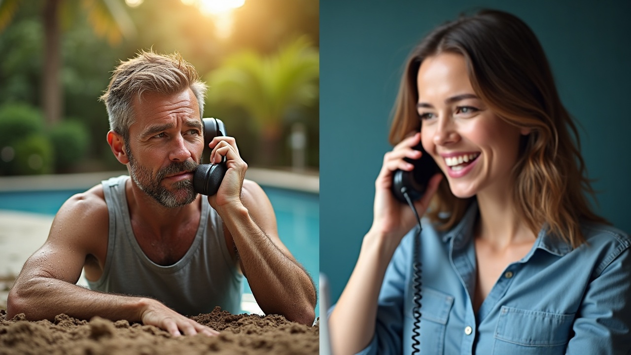 A split-screen comparison: on the left, a missed call notification with a frustrated pool contractor covered in dirt; on the right, a professional team member answering a phone with a calendar booking screen visible