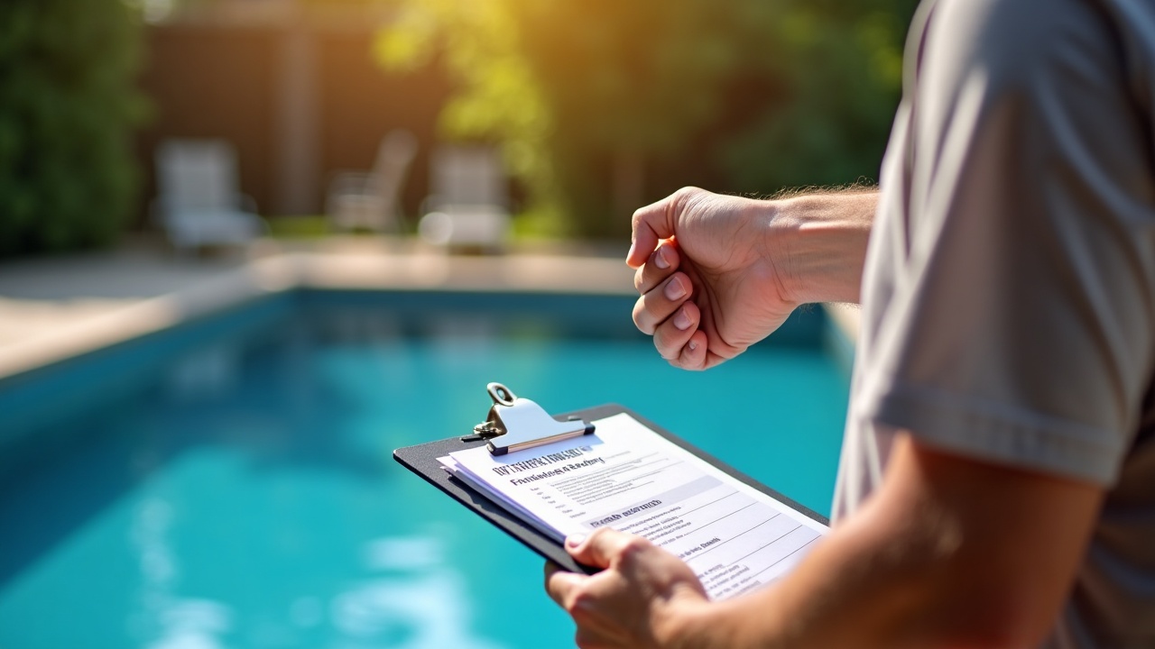 A homeowner shaking hands with a pool builder in their backyard, with a site survey form visible on a clipboard, representing a successfully booked consultation