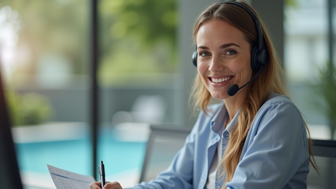 A professional front office team member on a headset, smiling while taking notes on a pre-qualification checklist for a pool installation inquiry
