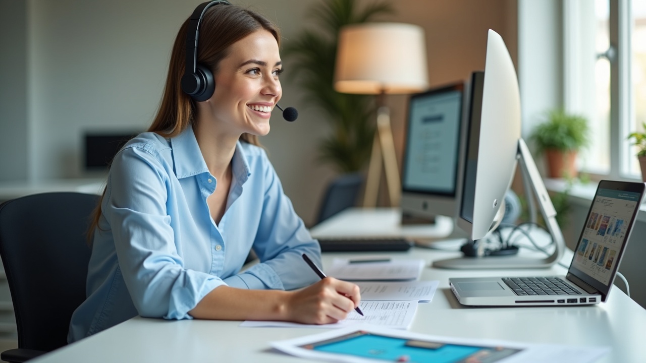 A professional front office team member at a desk wearing a headset, smiling while taking notes during a call, with a calendar and pool design images visible on the desk