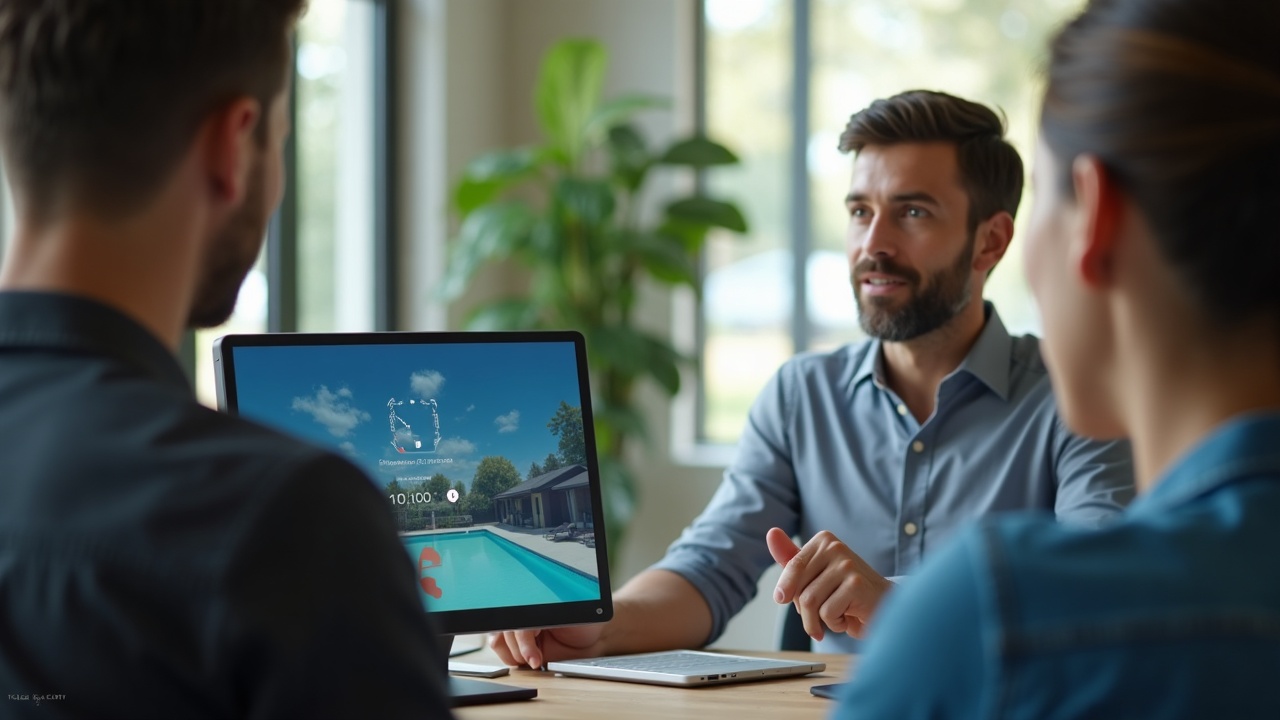 Split screen showing a pool builder's phone ringing with 
