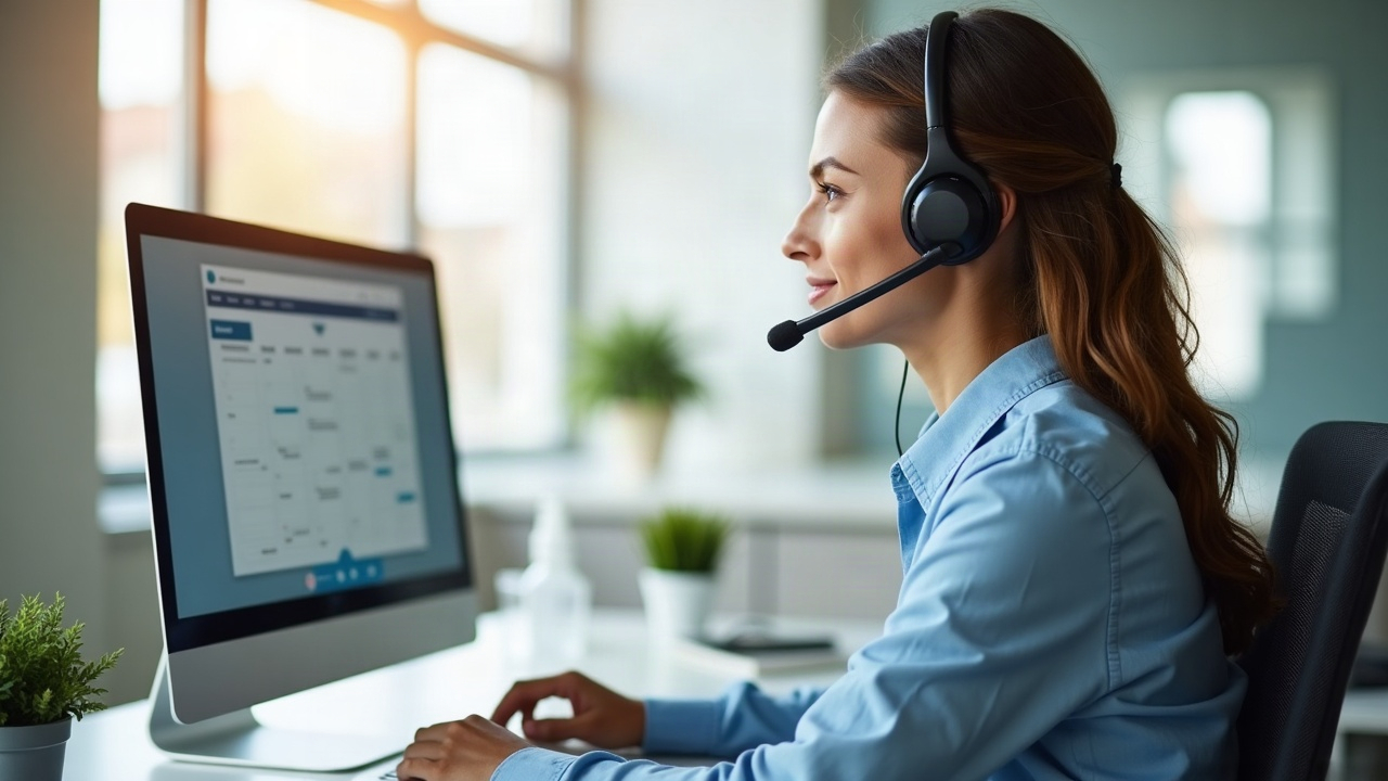 A professional front office team member on a headset in a bright office, with a calendar and client notes visible on the screen, representing organized lead management