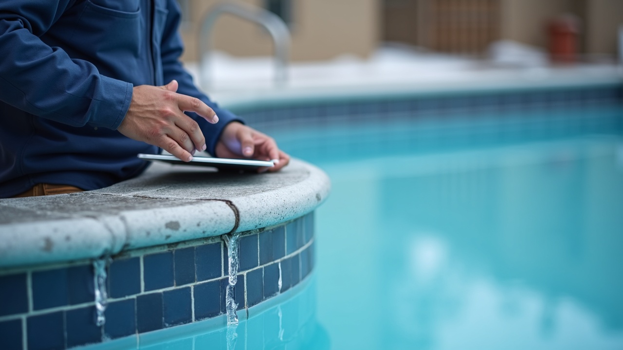 Close-up photo of a pool contractor documenting freeze damage with a tablet, showing cracked coping and equipment damage with visible ice, emphasizing the importance of immediate professional documentation
