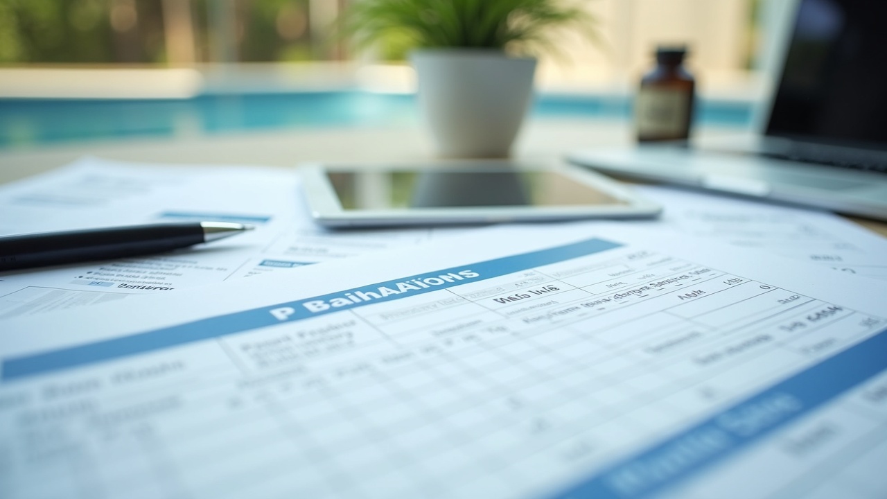 Professional photo of a complete pool insurance documentation package spread on a desk, including printed photos, estimate forms, material specifications, and a tablet showing the digital submission, representing the thorough approach that wins claims