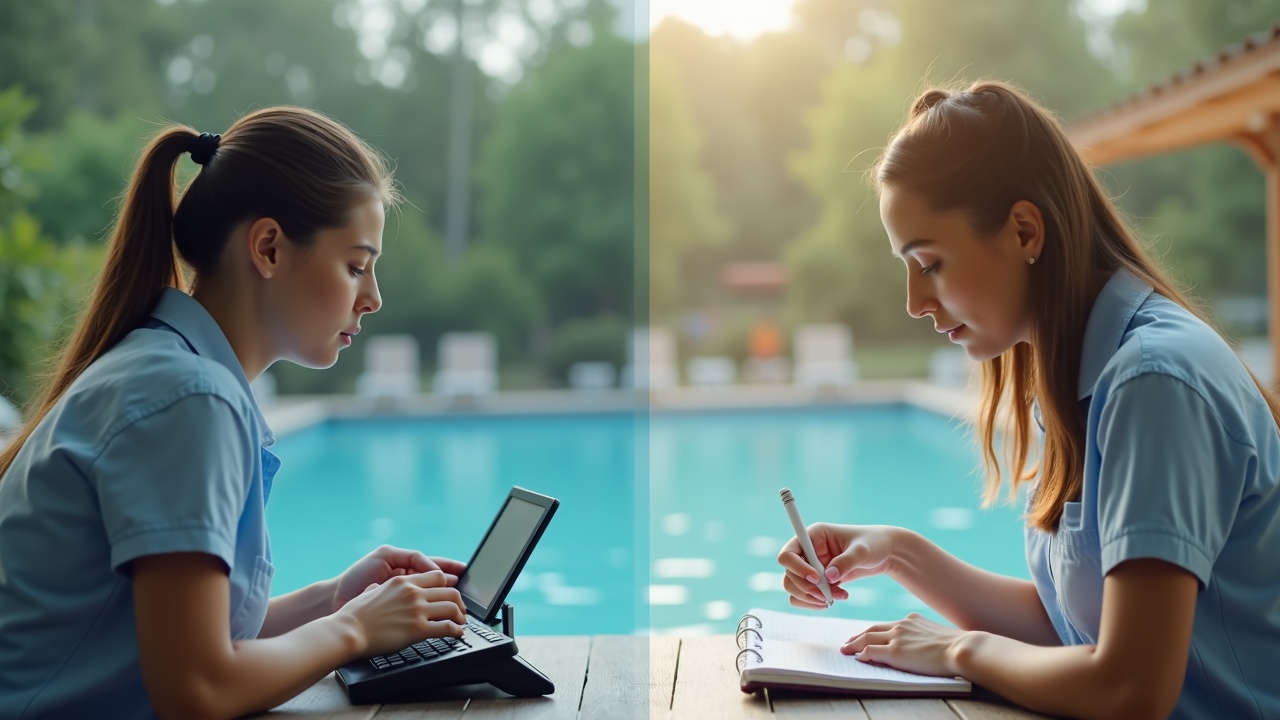 Split-screen comparison showing a pool company phone ringing with no answer on one side, and a competitor answering and writing in a schedule book on the other side