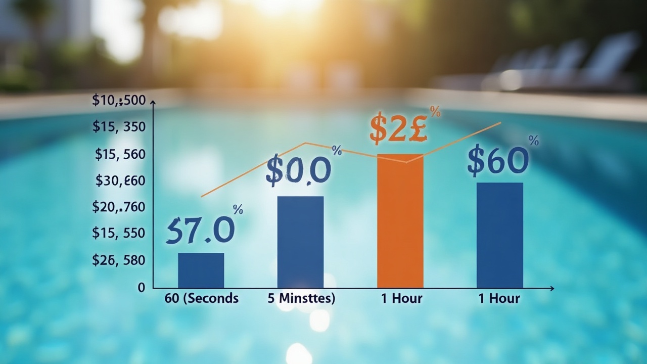 Graph showing lead conversion percentage declining sharply from 60 seconds to 5 minutes to 1 hour response time, with dollar amounts showing revenue loss for pool companies