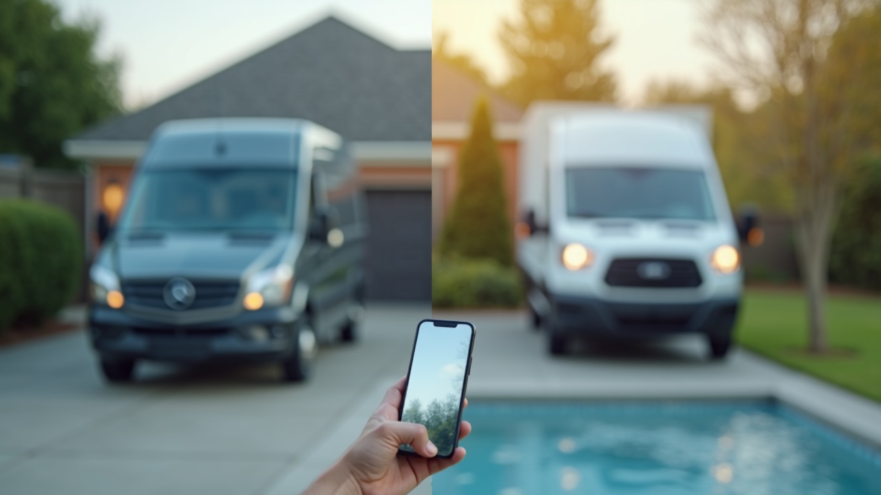 Split-screen comparison showing a pool service van at a home with a smartphone displaying an unanswered call on one side, and a competitive pool company's branded truck arriving at the same home on the other side