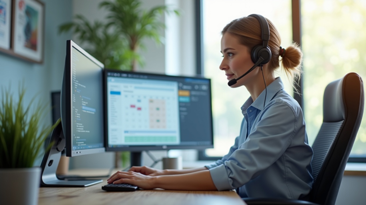 Professional pool service office worker wearing a headset at a desk with dual monitors showing scheduling software and customer information, natural daylight through window, organized and confident setting