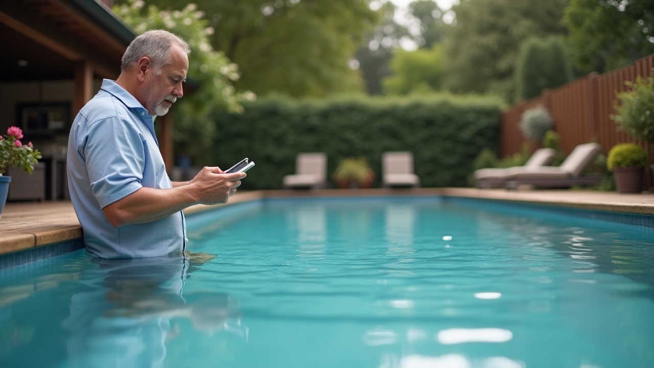A homeowner standing beside a pool with visible water level drop, looking frustrated while holding a phone