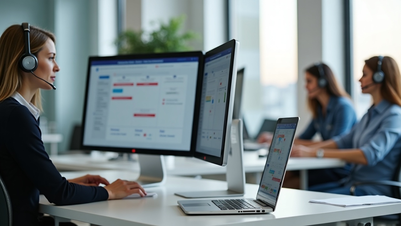 A clean, organized front office workspace with headsets, dual monitors showing a scheduling interface, and a call queue dashboard