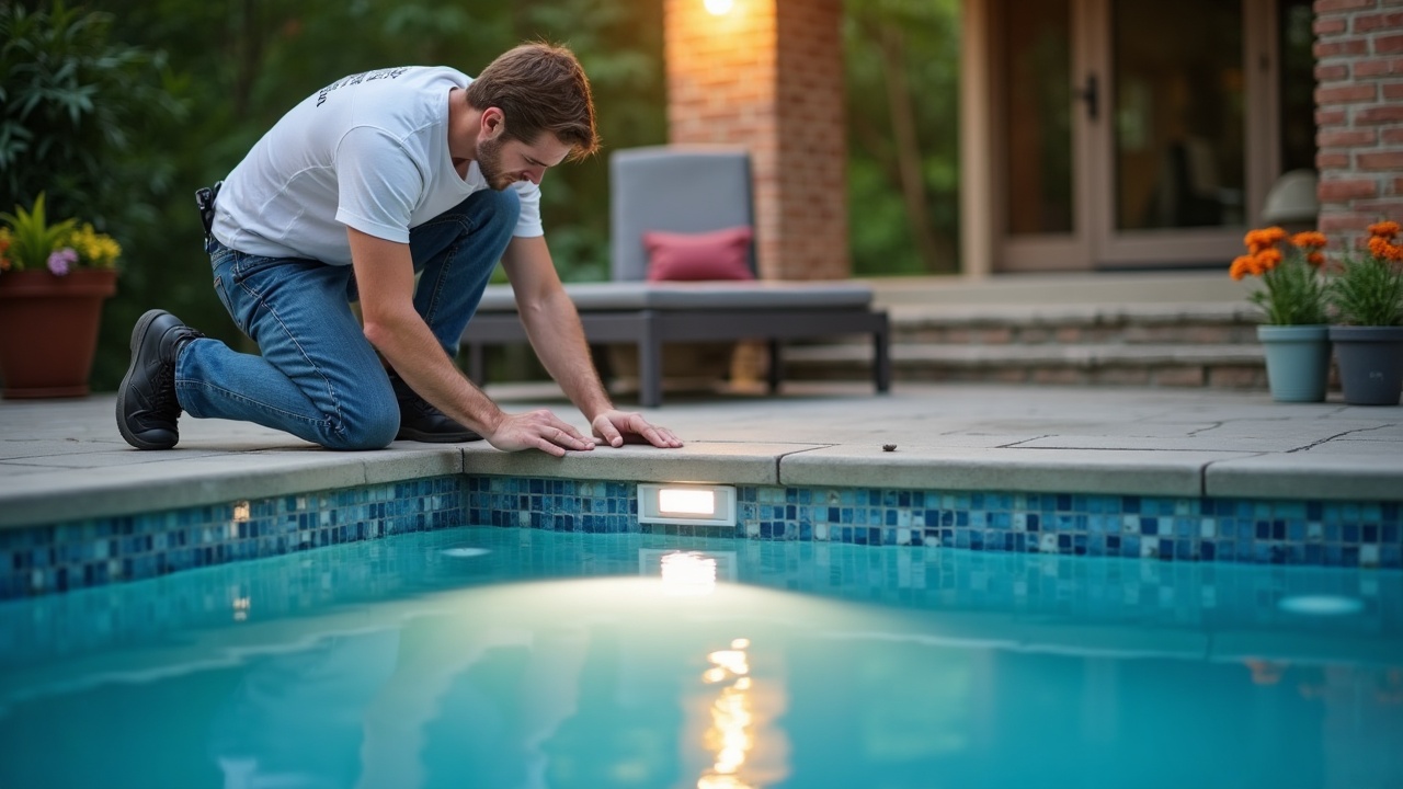 Pool technician installing modern LED light fixture in pool wall niche, showing the professional installation process