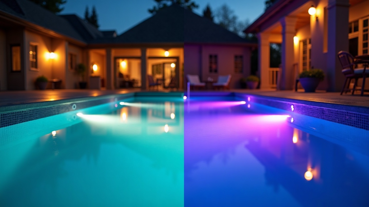 Before-and-after split image showing pool with old dim lighting versus vibrant modern LED color-changing lights