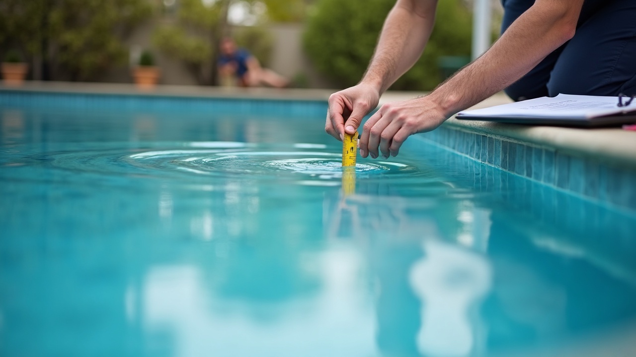 Pool technician measuring pool dimensions with measuring tape along the pool wall, professional clipboard and liner samples visible poolside