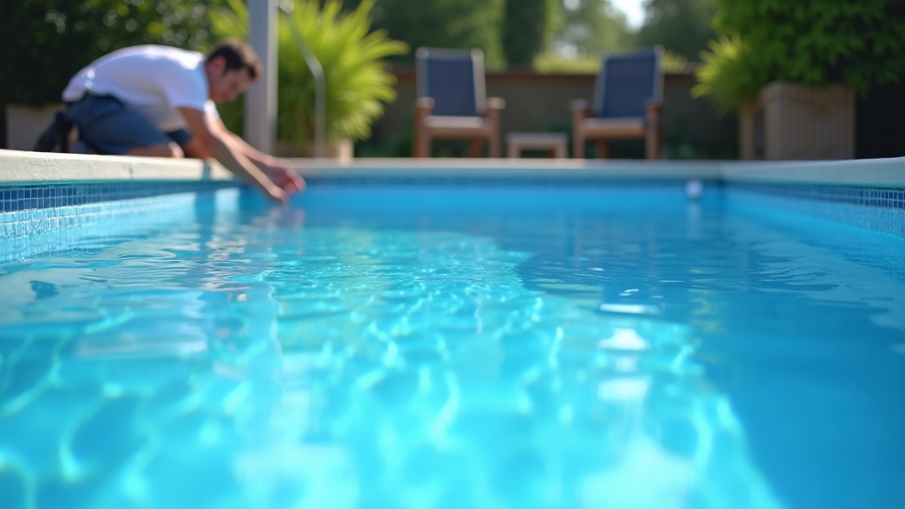 New vinyl pool liner being installed in inground pool, technician smoothing wrinkles along pool floor, bright blue water-filled liner visible