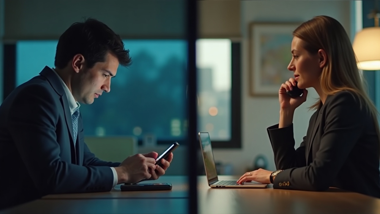 Split screen comparison showing a smartphone with an unanswered call at night versus a professional answering a client call in an office setting
