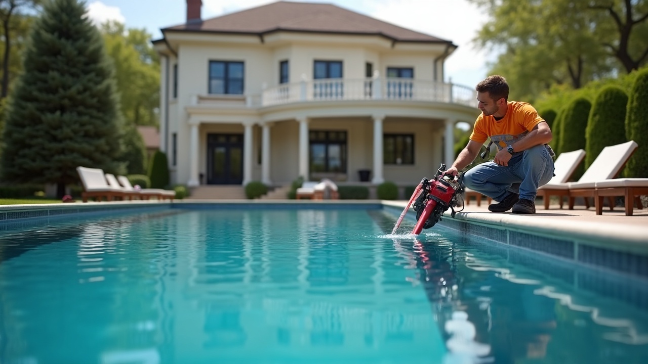 Elegant poolside scene with a service technician working on high-end pool equipment while luxury home is visible in background