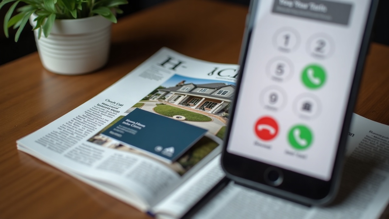 Split-screen showing missed call notification on phone next to competitor's business card on luxury home design magazine