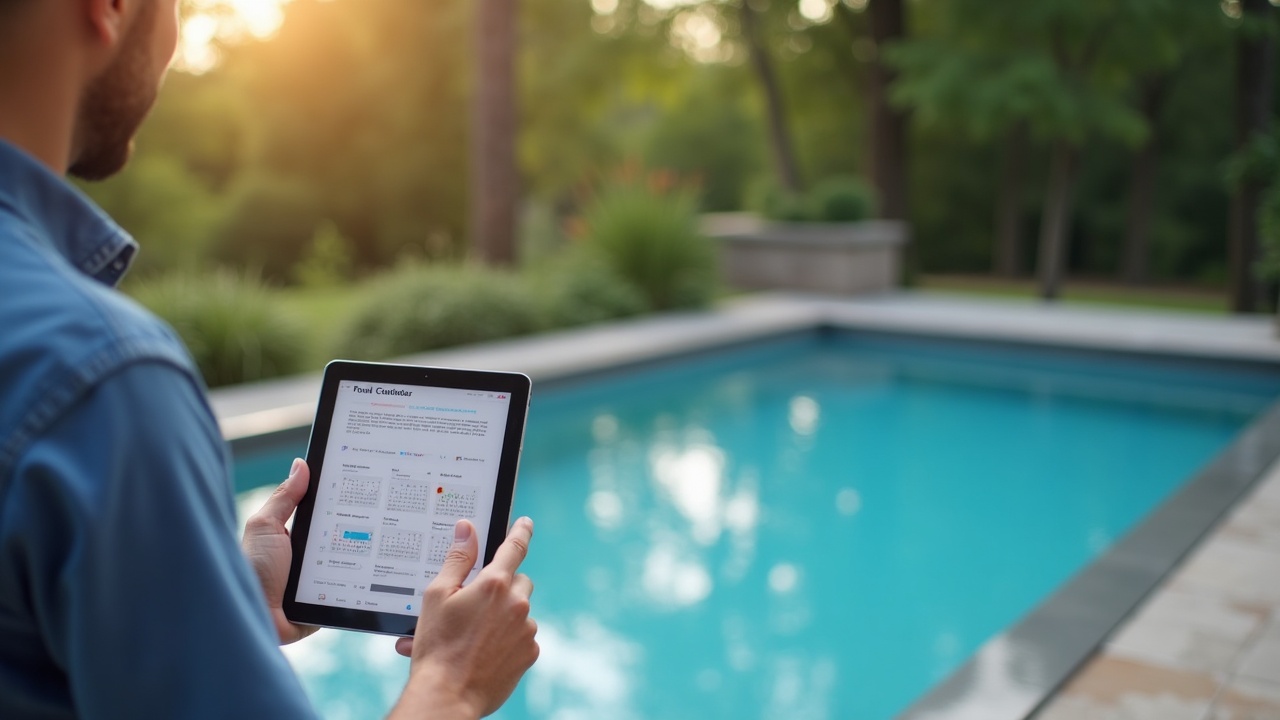 Successful pool builder reviewing calendar full of consultation appointments on tablet while standing beside completed luxury infinity pool project