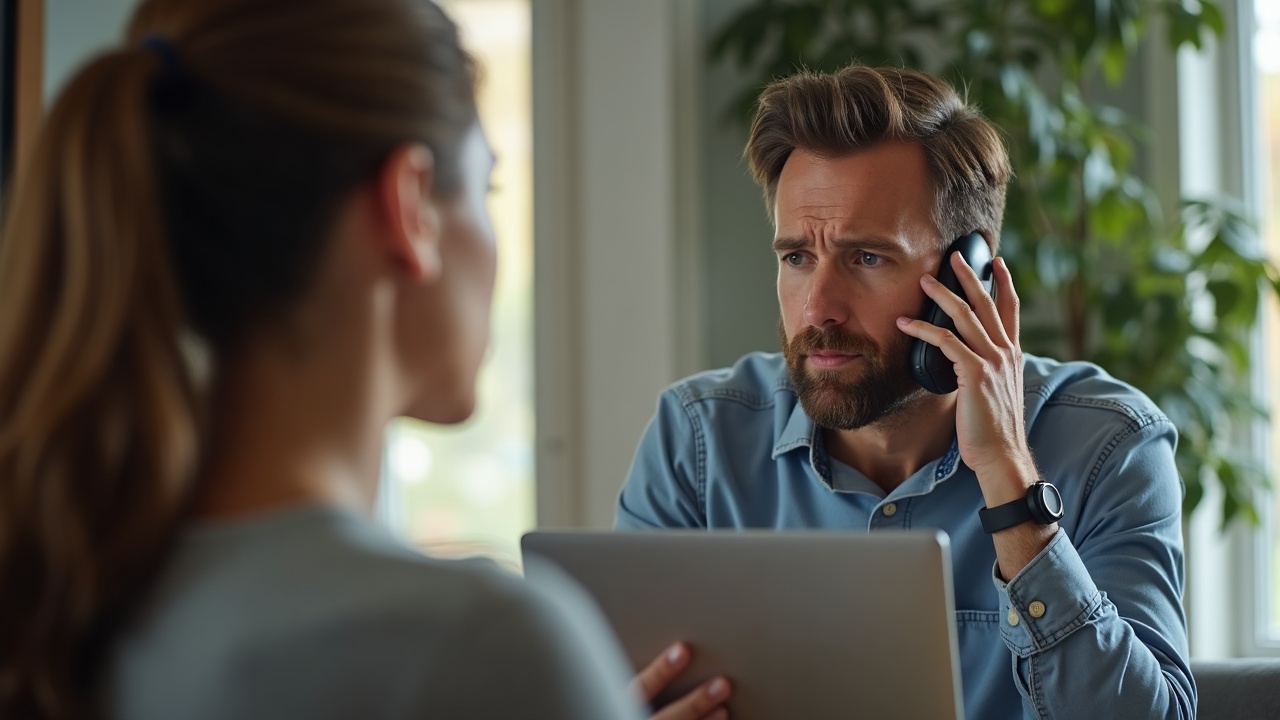 Split screen showing frustrated homeowner looking at phone next to missed call notification, contrasting with competitor's professional consultation