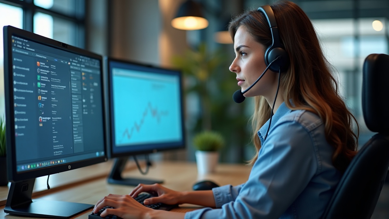 Professional call center team member with headset working on multiple screens showing pool project details and scheduling interface