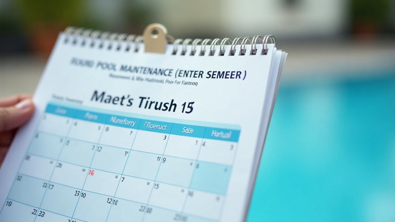 Calendar view showing scheduled pool maintenance appointments spanning multiple months with renewal date highlighted