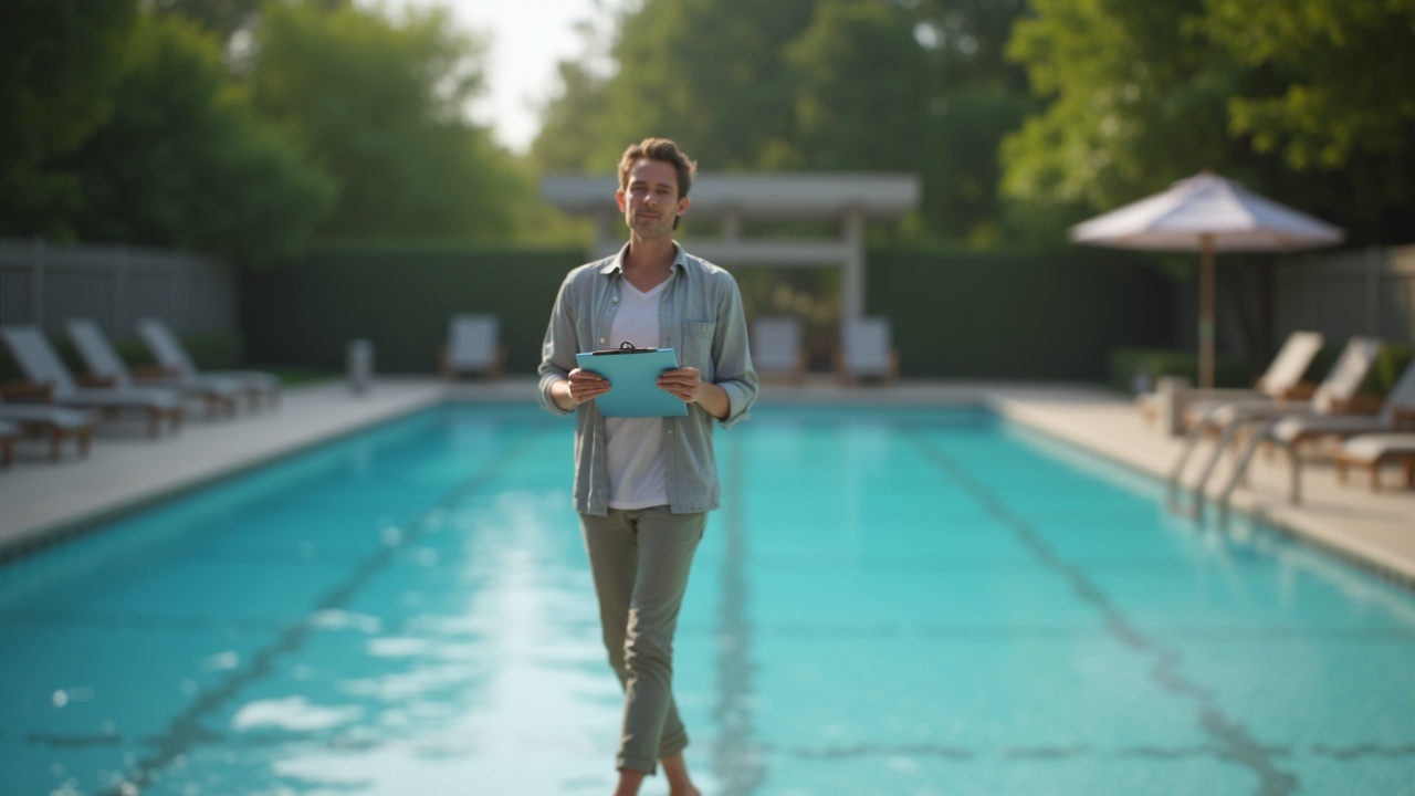 Property manager walking around a large community pool with clipboard, taking notes, with maintenance issues visible